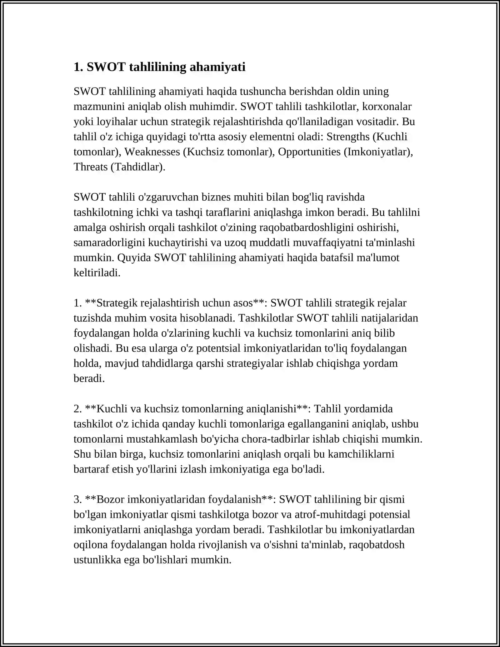 SWOT TAHLILI ASOSIDA KELAJAKDAGI BIZNES TAXLIL QILISH 4