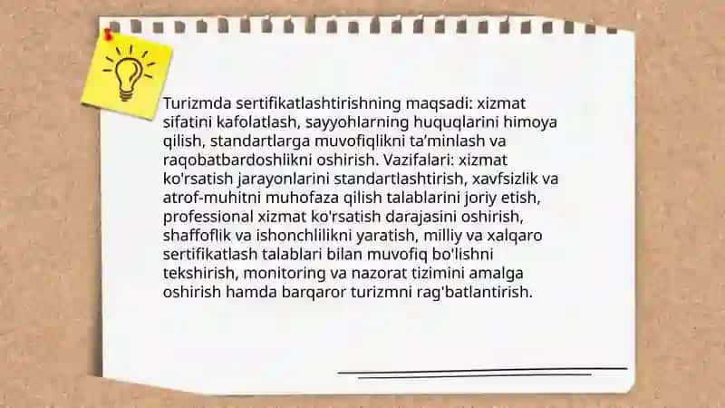 Turizmda sertifikatlashtirish jarayonining mohiyati 4