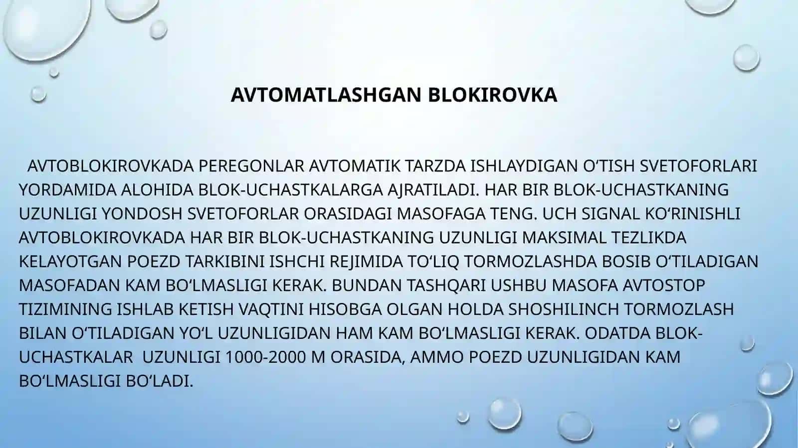 AVTOMATIK VA YARIM AVTOMATIK YO‘L BLOKIROVKASI. SIGNAL VA STRELKALARNI ELEKTR MARKAZLASHTIRISH. AVTOMATIK LOKOMOTIV SIGNALIZATSIYASI VAAVTOSTOP 4