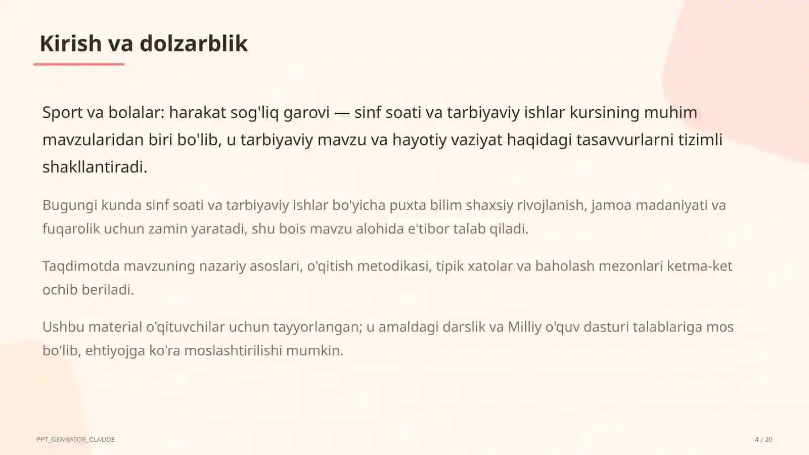 Sinf soati va tarbiyaviy tadbirlar (1–11) — o'qituvchilar uchun 4