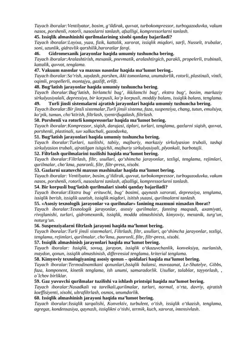 "Kimyoviy injiniring jarayonlari va qurilmalari" fanidan yakuniy davlat attestatsiya imtixoni uchun savollar 4