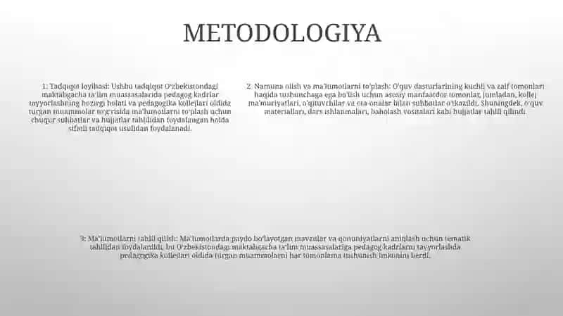 Pedagogika kollejlarining missiyasi Pedagogika kollejlarining asosiy vazifasi maktabgacha ta'lim bo‘yicha yuqori malakali va malakali o‘qituvchilarni tayyorlashdan iborat 4