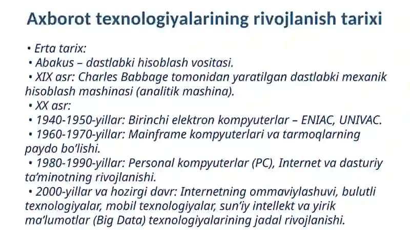 Axborot texnologiyalari asoslari va rivojlanish tarixi.Axborotli texnologiya-tizim  sifatida.Sanoq sistemalari 4