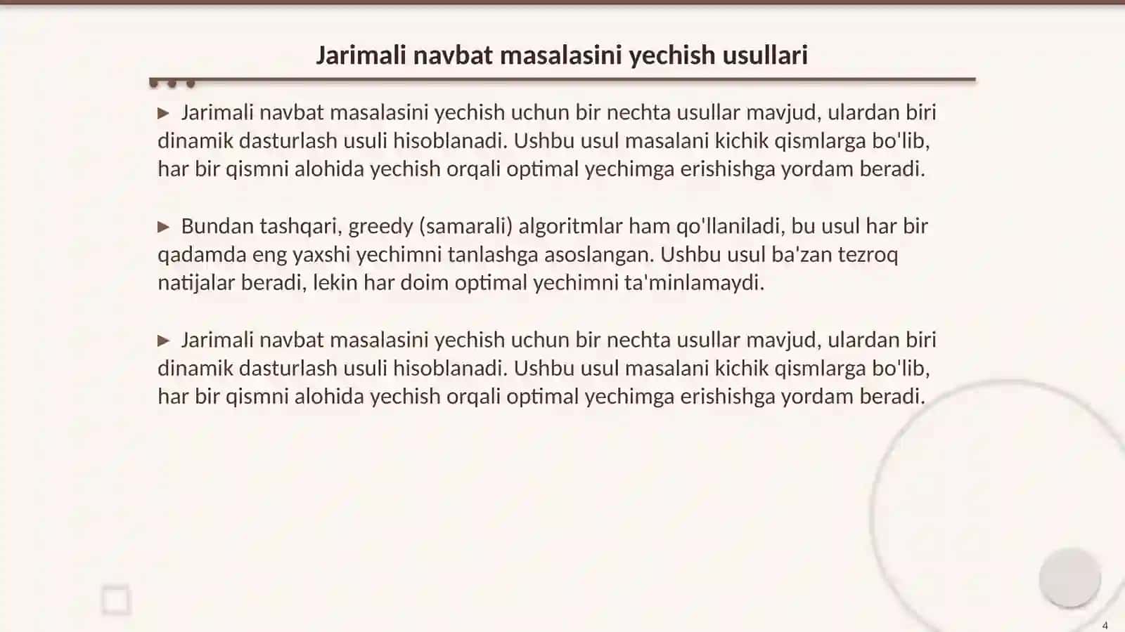 Jarimali navbat masalasini yechishning algoritmi va dasturini tuzish 4