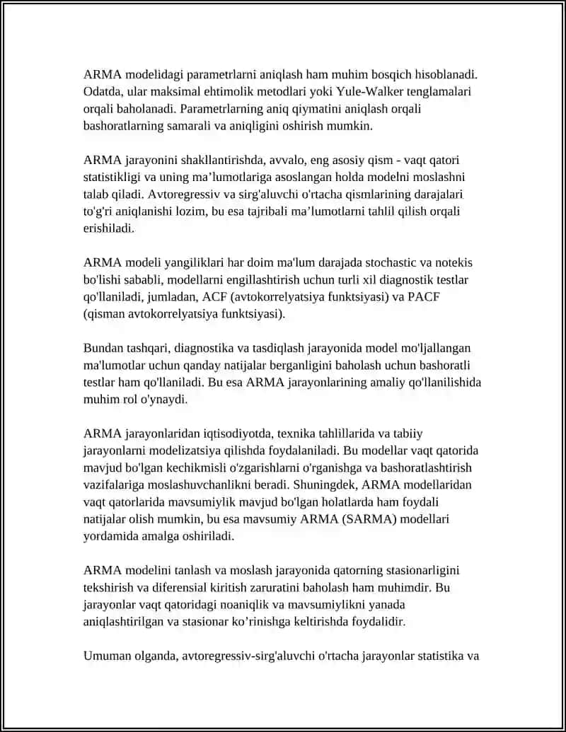UMUMIY AVTOREGRESSIV-SIRG`ALUVCHI O`RTACHA (ARMA) JARAYONI. ARMA JARAYONLARNI SHAKLLANTIRISH 4