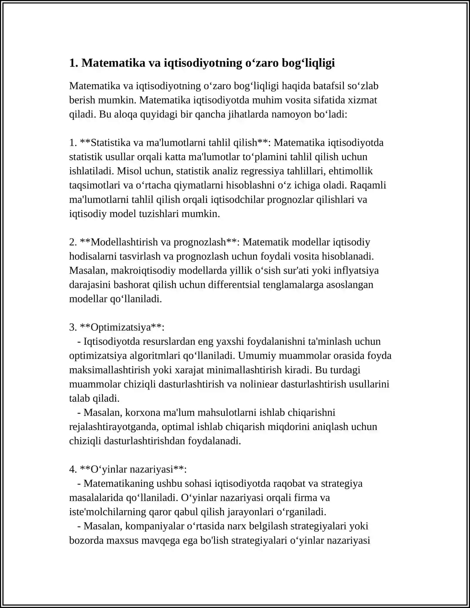 SOHADAGI IQTISODIY TIZIMINI IFODALOVCHI AMALIY MASALALRNI YECHISH. SOHA BO'YICHA MATHCAD SISTEMALARIDA ISHLASH 4