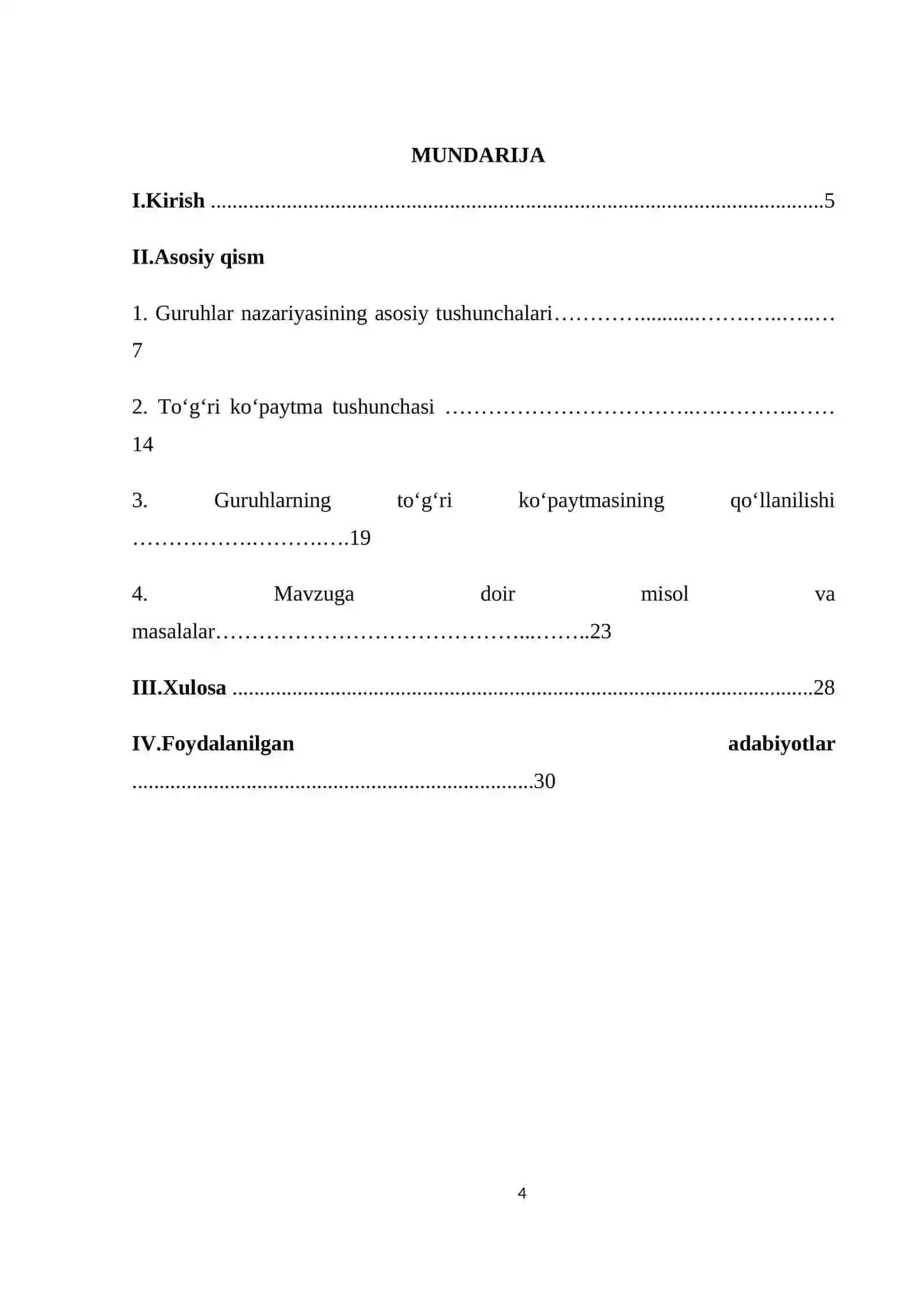 Algebra. GRUPPALARNING TOGRI KOPAYTMASI 4