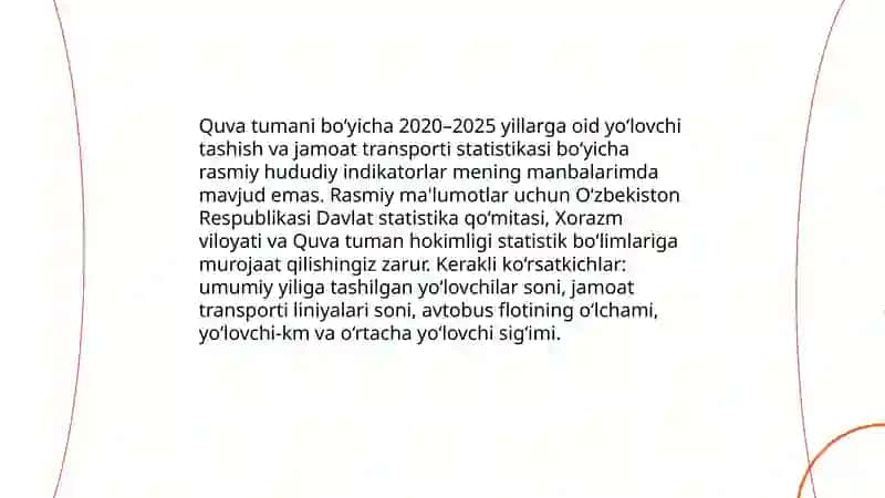Quva tumani Transport, Savdo, Qishloq xo'jaligi, Aloqa tarmoqlari statistikasi bo'yicha taqdimot 2020-2025 oralig'ida 4