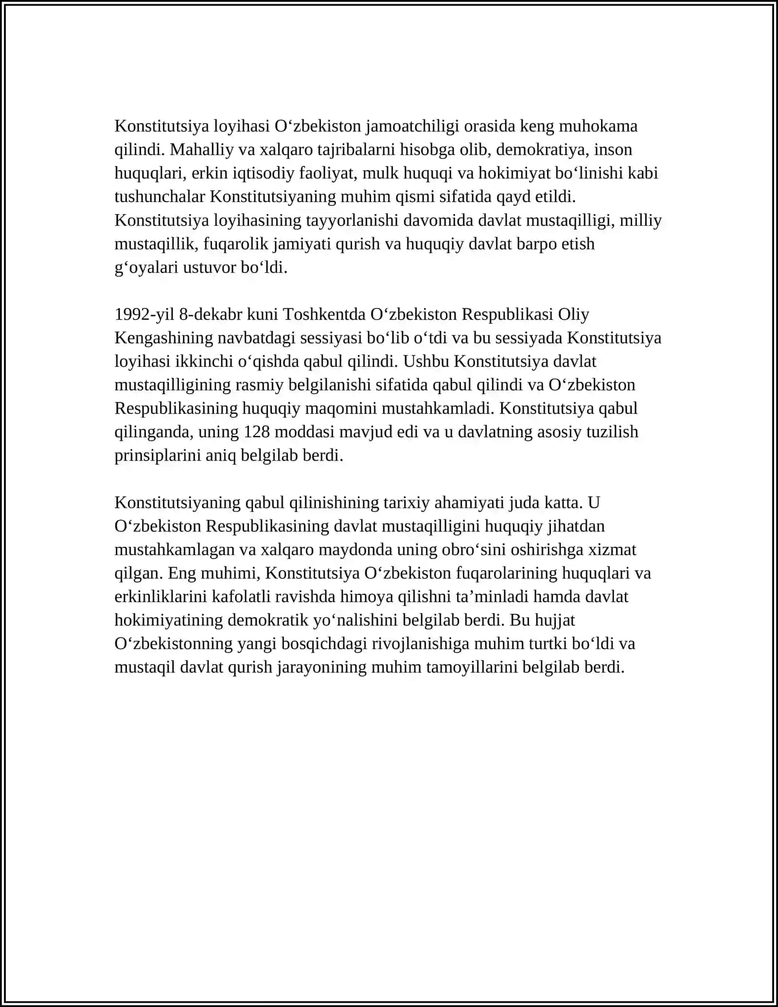 O'ZBEKISTON RESPUBLIKASI KONSTITUTSIYASINING QABUL QILINISHI VA UNING TARIXIY AHAMIYATI 4