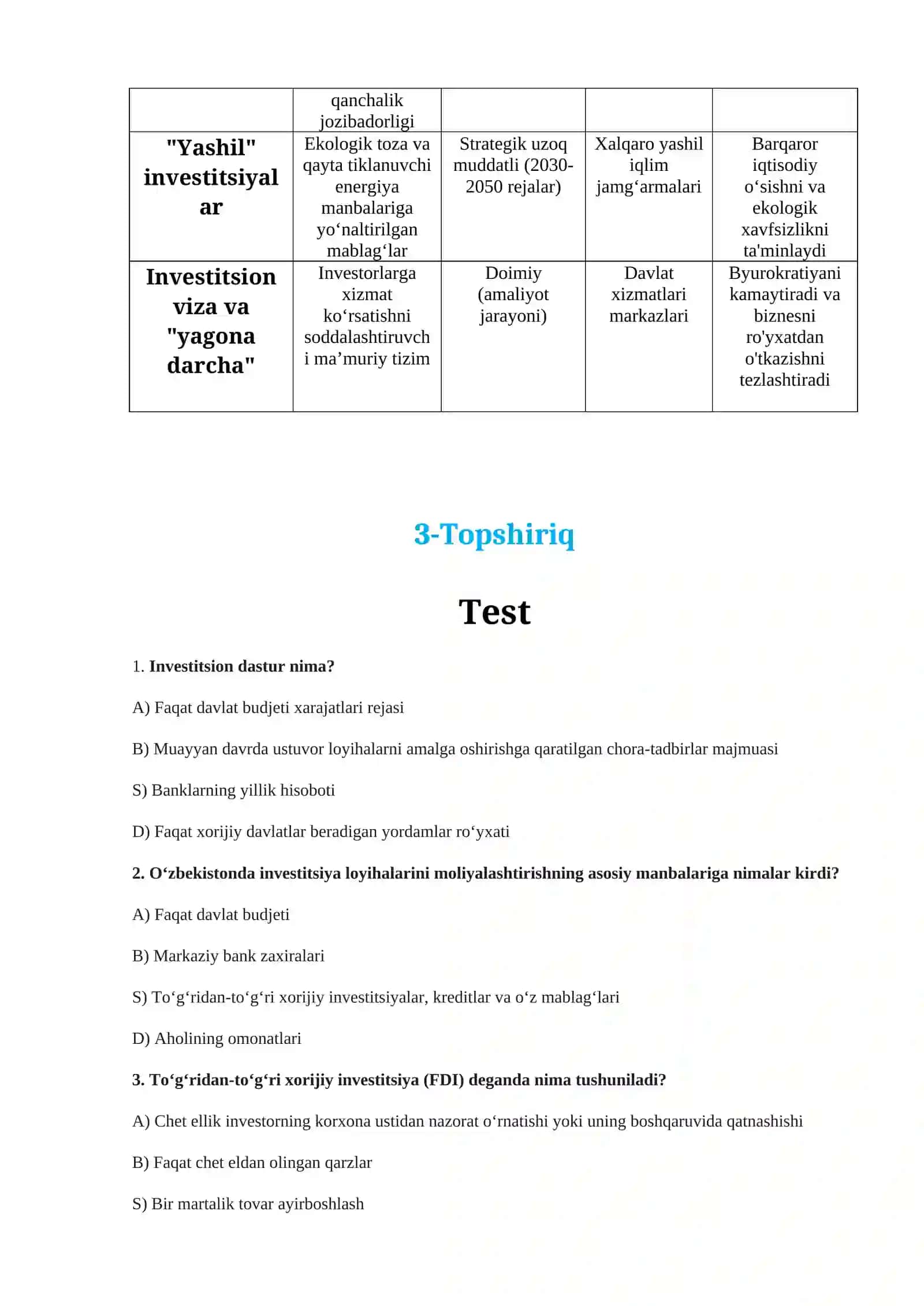 O’zbekistonning investitsion dasturi. O’zbekiston iqtisodiyotiga xorijiy investitsiyalarni jalb etish 4