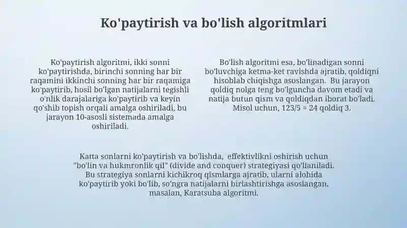 Oʻnli sanoq sistemasidagi nomanfiy butun sonlar arifmetik amallarning algoritmi 4