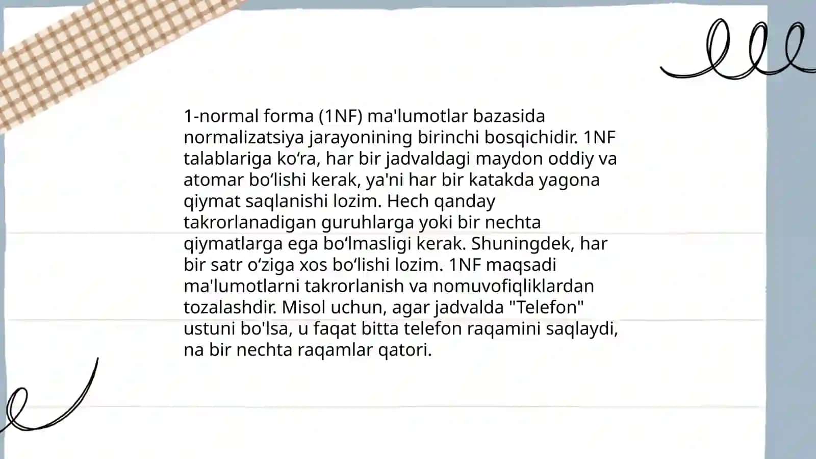 Ma’lumotlar bazasini normallashtirish:1NF, 2NF, 3NF va Kodd normal formalari. SQL tili va SQL operatorlarini yozish. Ma’lumotlar manipulyatsiya qilishda oddiy so‘rovlar yaratish 4