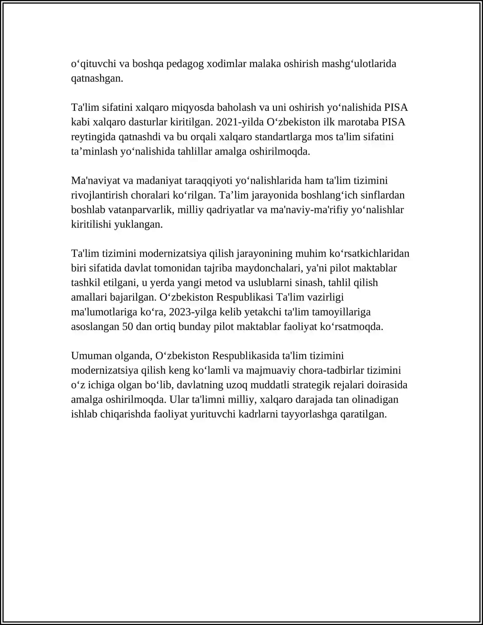 OʻZBEKISTON RESPUBLIKASIDA TALIM SOHASIDA AMALGA OSHIRILGAN ISLOHOTLAR. OʻZBEKISTON VA JAHON HAMJAMIYATI 4