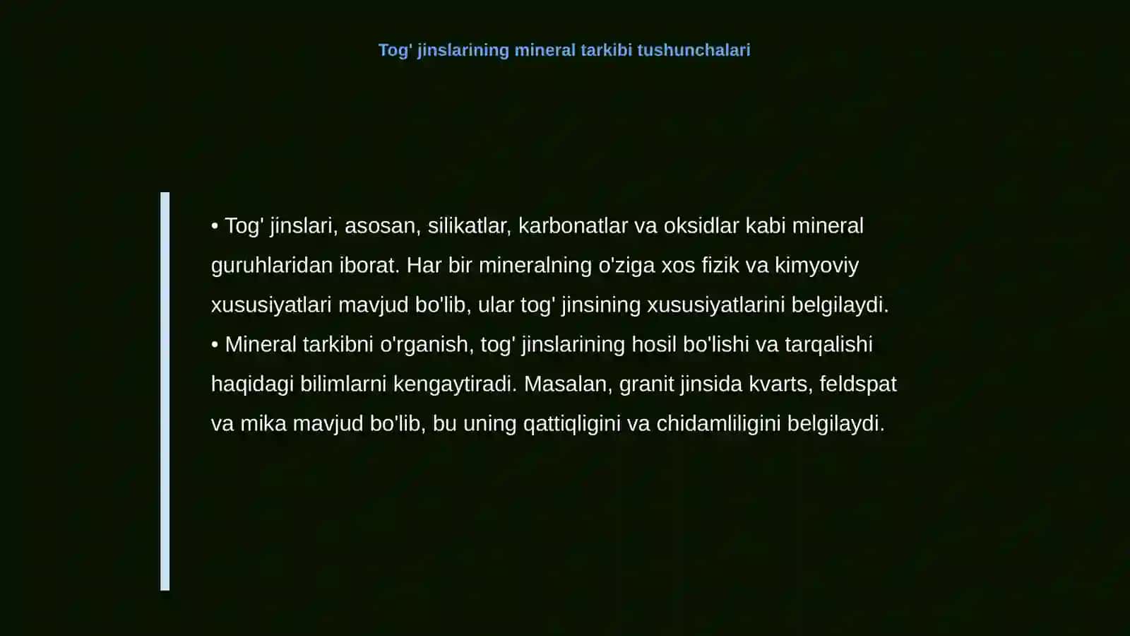 Cho'kindi jinslarining moddiy tarkibini o'rganish usullari: Tog'jinslarining mineral tarkibini aniqlash usullari 4
