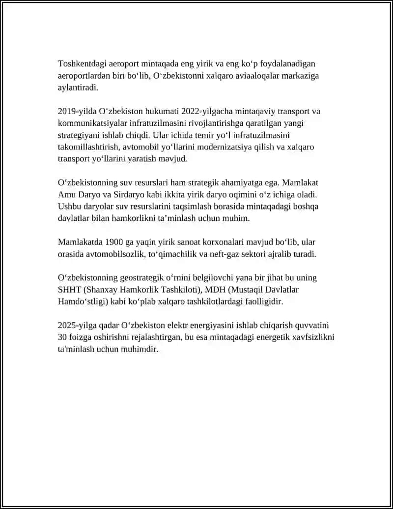 O‘zbekistonning MARKAZIY OSIYODA TINCHLIK VA BARQARORLIKNI TA'MINLASHDAGI O'RNI 4