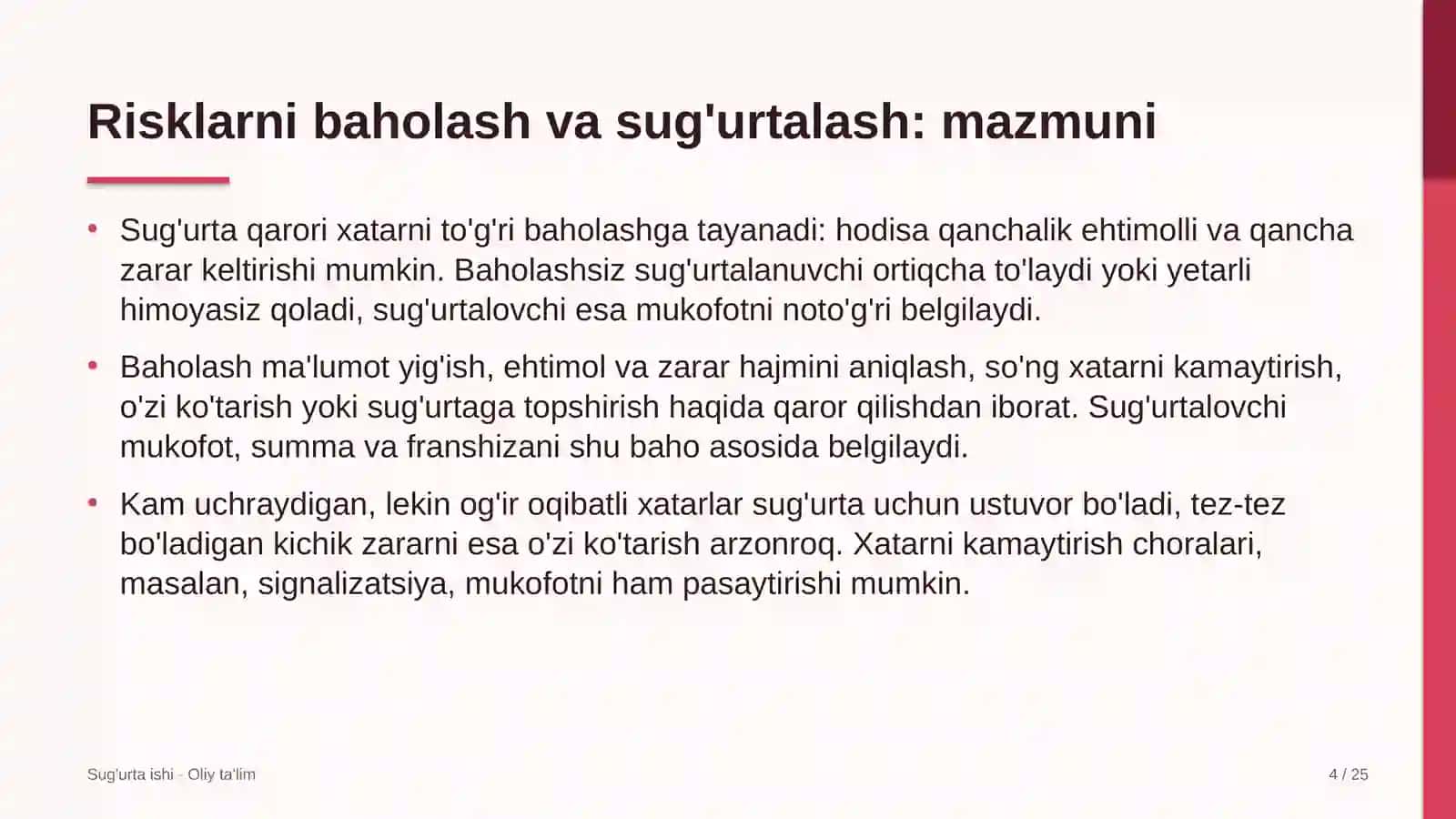 Sug'urta ishi · Oliy ta'lim 4