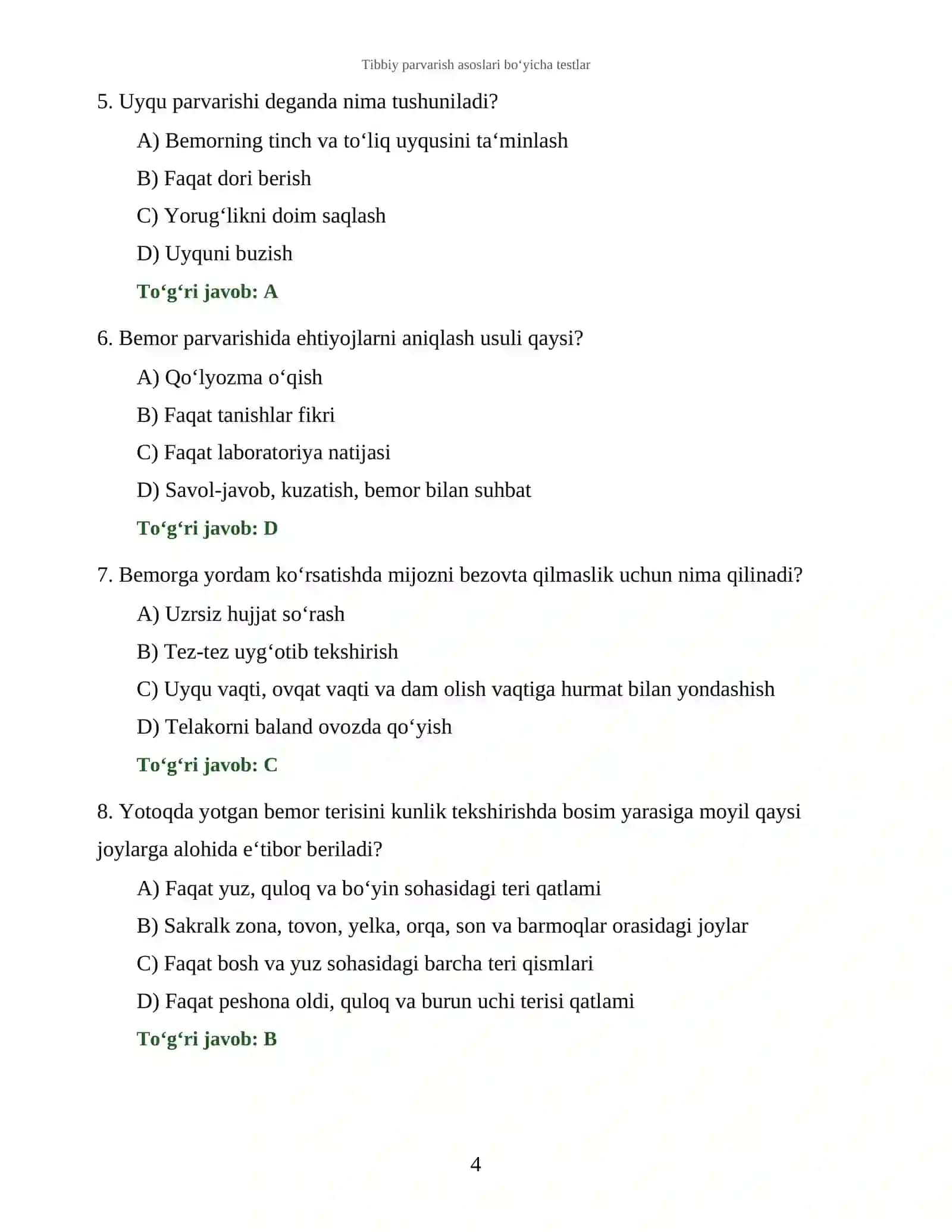Tibbiy parvarish asoslari bo‘yicha testlar 4