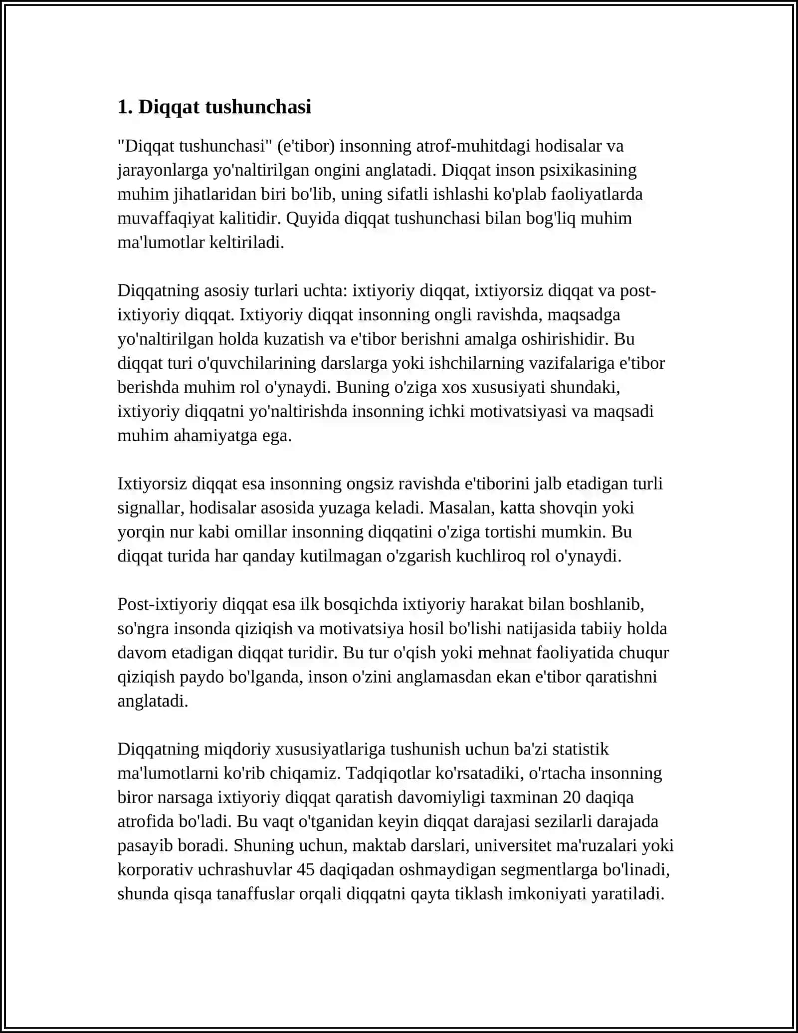 DIQQAT HAQIDA TUSHUNCHA VA UNING NEVR FIZIOLOGIK ASOSI DIQQAT TURLARI VA UNING XUSUSIYATLARI. SEZGI HAQIDA TUSHUNCHA VA UNING NEVR FIZIOLOGIK ASOSI SEZGI TURLARI VA UNING QONNUNIYATI 4