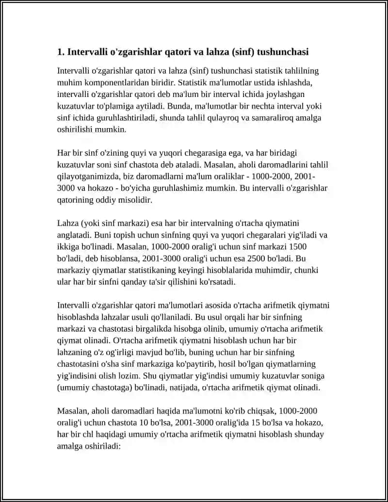 INTERVALLI O'ZGARISHLAR QATORI MA'LUMOTLARI ASOSIDA O'RTACHA ARIFMETIK QIYMATNI HISOBLASH 4