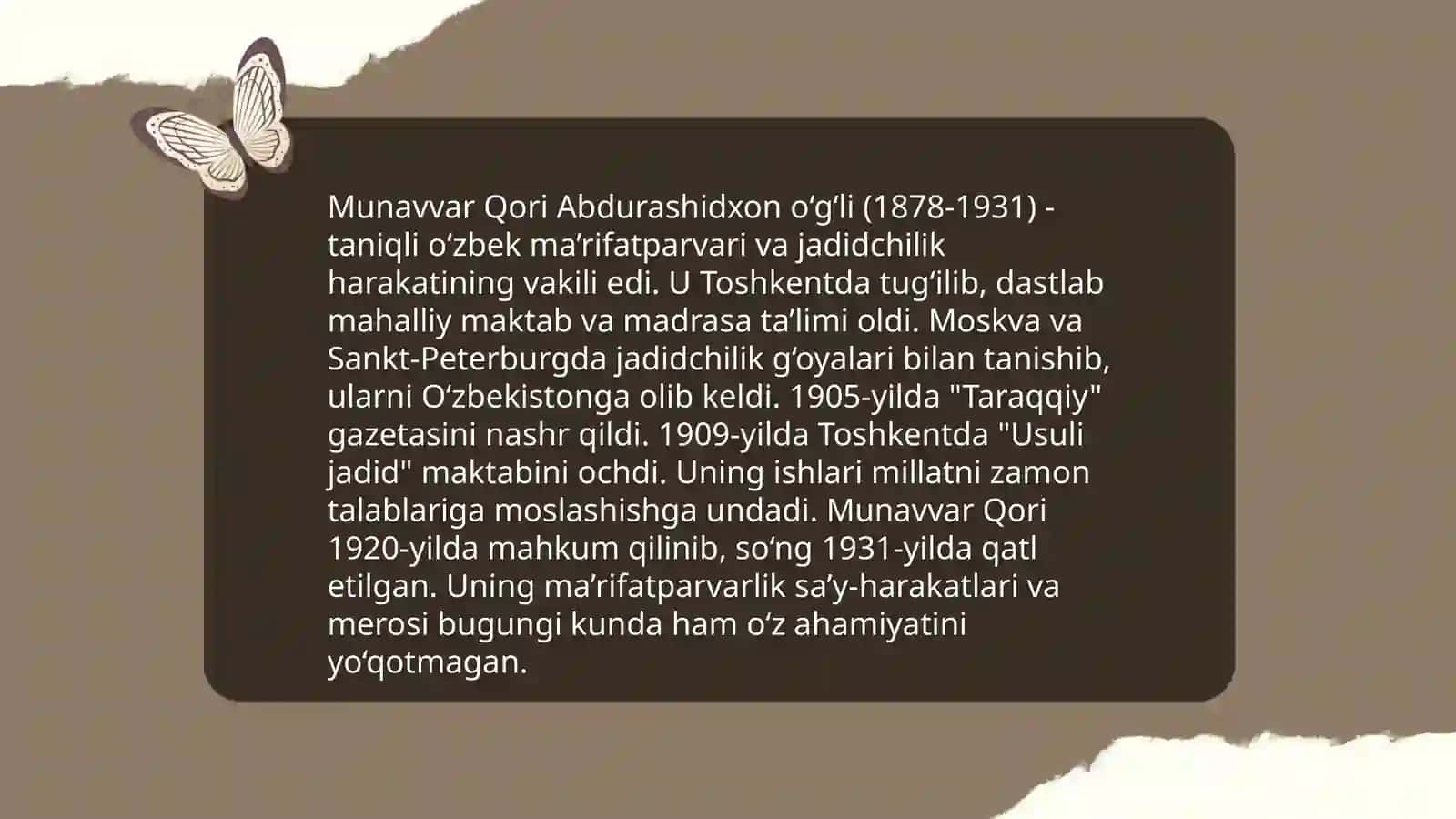 Jadid ma'rifatparvarlarining o'lka ijtimoiy-ma'naviy hayotida tutgan o'rni (Munavvar Qori, Fitrat, Behbudiy, Avloniy) 4