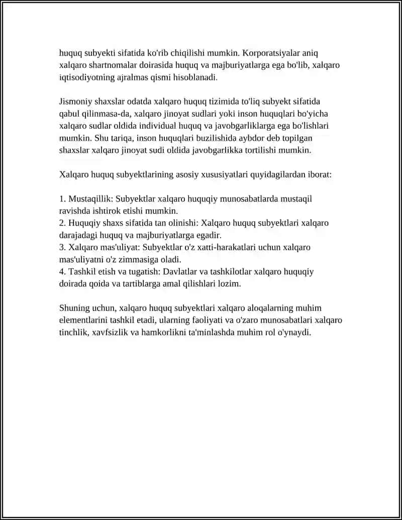 XALQARO HUQUQ SUBYAKTLARI, ASOSIY TAMOYILLARI, PRINSIPLARI VA MANBALARI 4