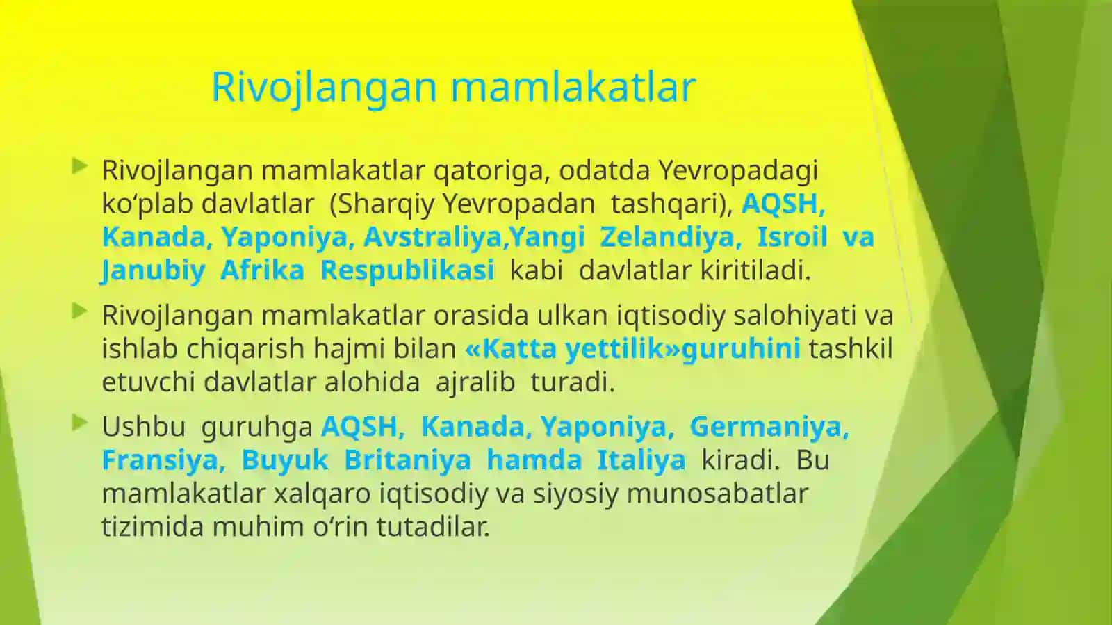 Jahon mamlakatlarining  ijtimoiy-iqtisodiy  rivojlanganligi bo‘yicha  tasnifi. 9-sinf geografiya fanidan dars ishlanma. 4