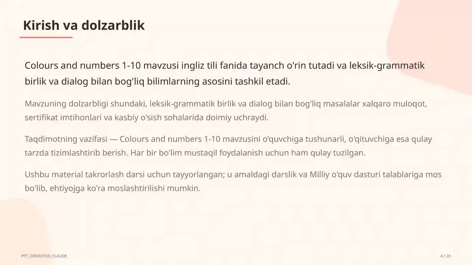 Colours and numbers 1-10 (1-sinf) 4