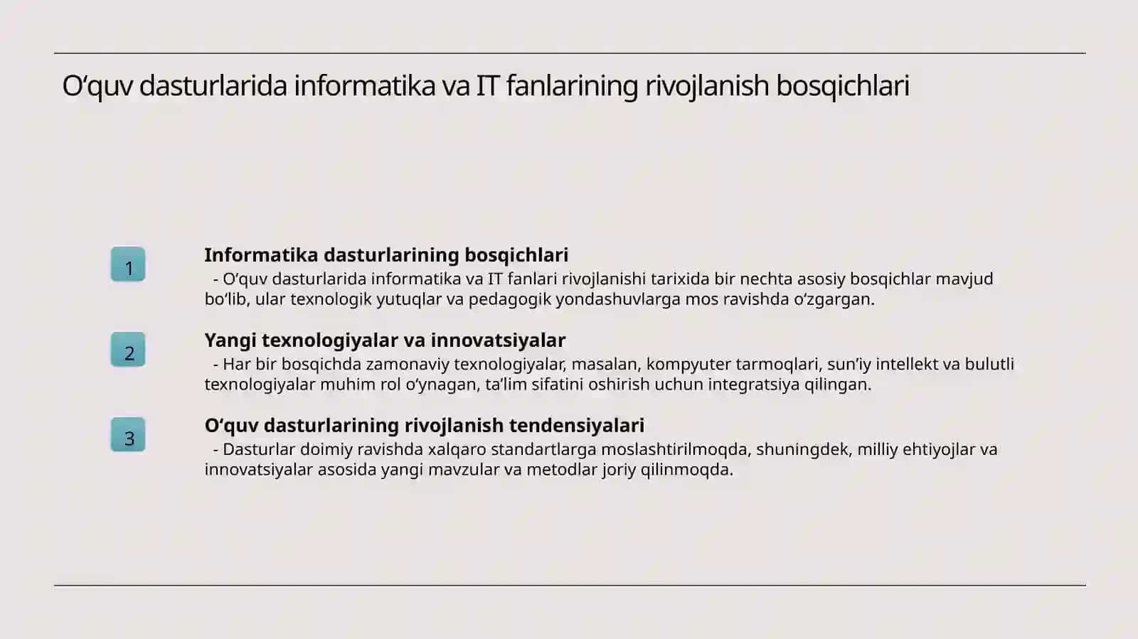 Uzluksiz tizimida Informatika va axborot texnologiyalari fanlarining mazmuni, oʻqitishning oʻquv-metodik ta'minoti, oʻqitishning maqsadi va vazifalari 4