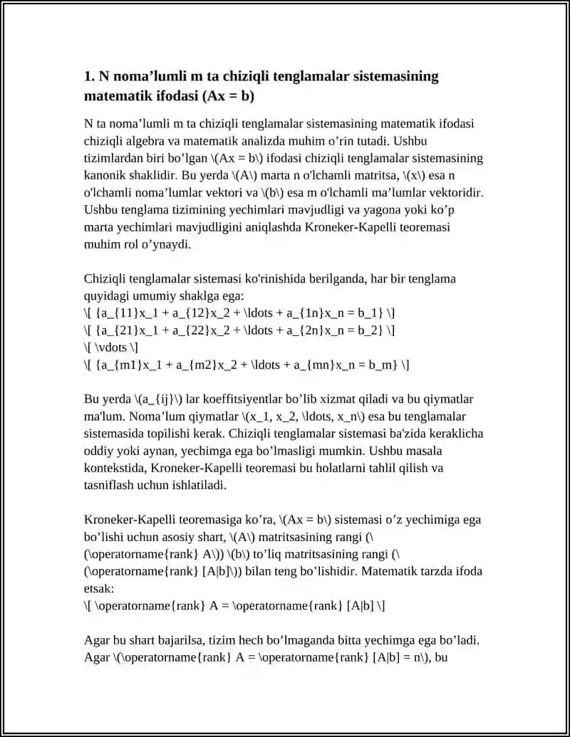 N TA NOMA’LUMLI M TA CHIZIQLI TENGLAMALAR SISTEMASI. KRONEKER-KAPELLI TEOREMASI 4
