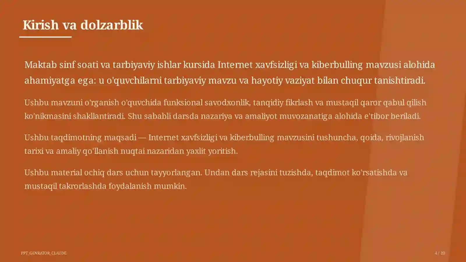 Sinf soati va tarbiyaviy tadbirlar (1–11) — ochiq dars uchun 4