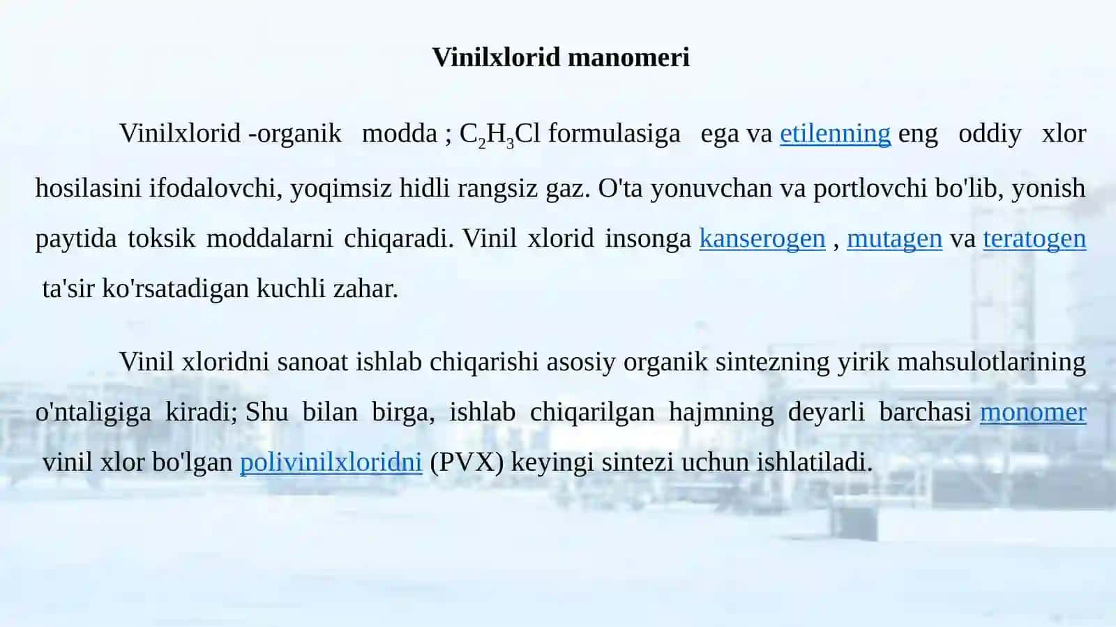 POLIVINILXLORID ISHLAB CHIQARISHDA VINILXLORID MANOMERI SINTEZI UCHUN ISHLATILADIGAN KATALIZATORLARNI O’RGANISH 4