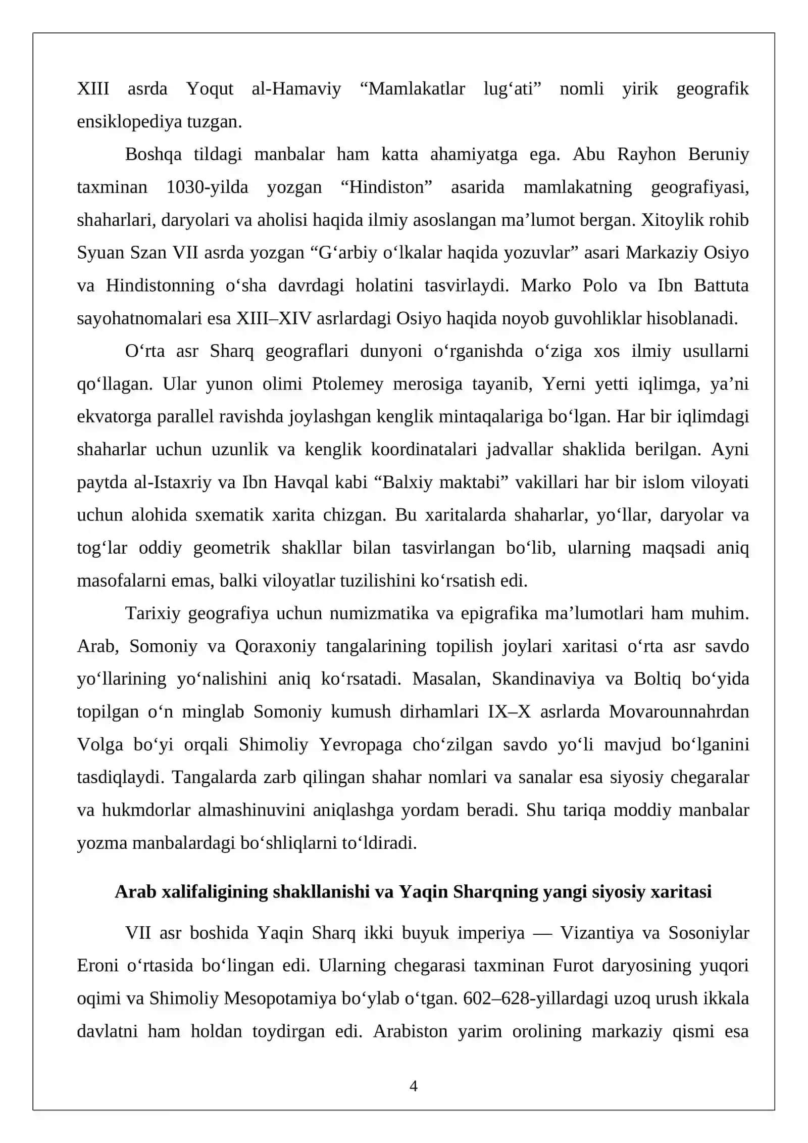 Osiyo, O‘rta va Yaqin Sharq mamlakatlarining o‘rta asrlardagi tarixiy geografiyasi. 4