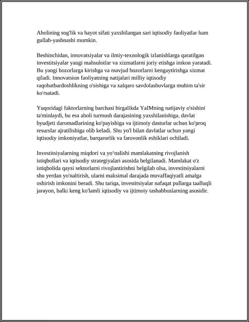INVESTITSIYALARNING MAKRO VA MIKROIQTISODIYOTNI RIVOJLANTIRISHDAGI ROLI 4