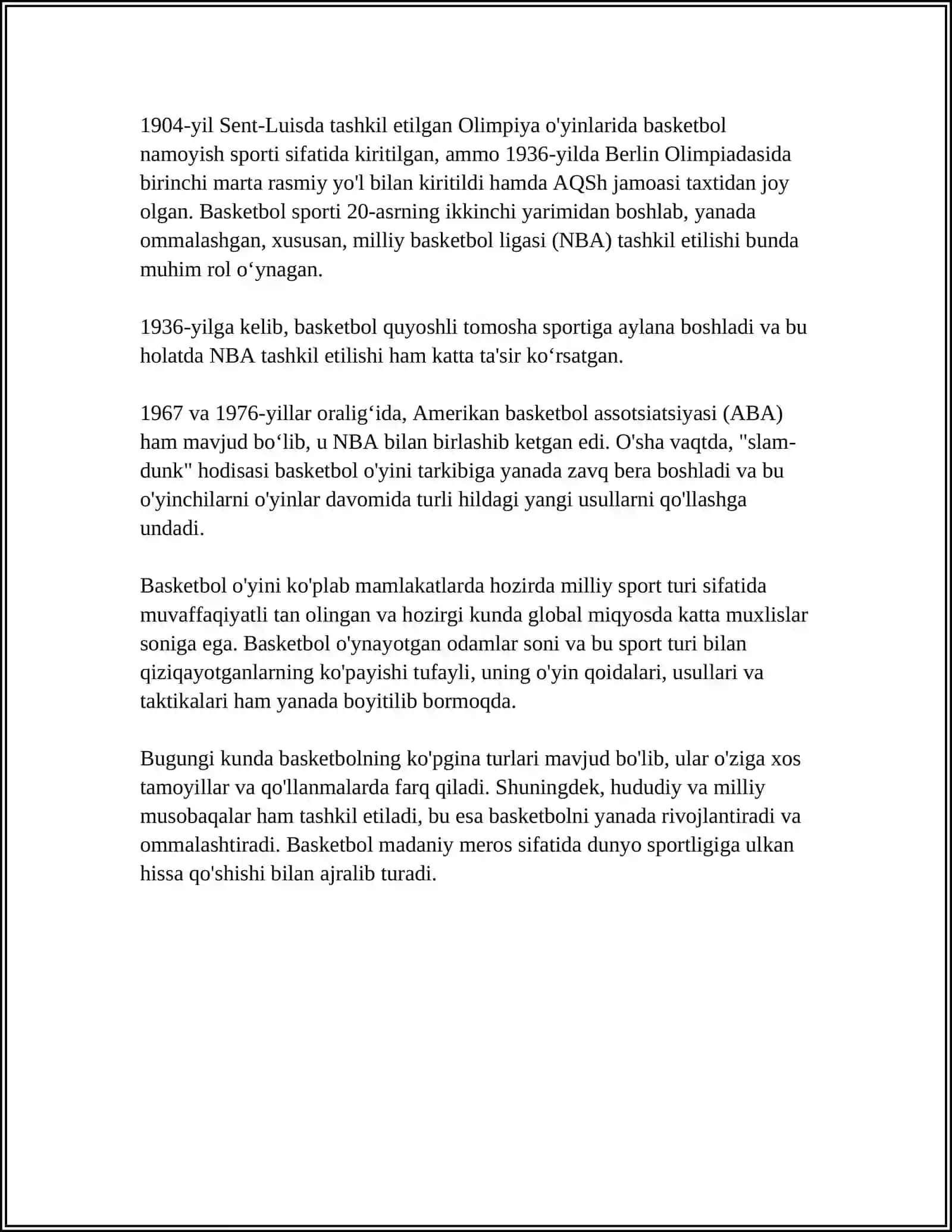 BASKETBOL OYNI HAQIDA UNING TARIXI VA O'YNASH SHARTLARI 4