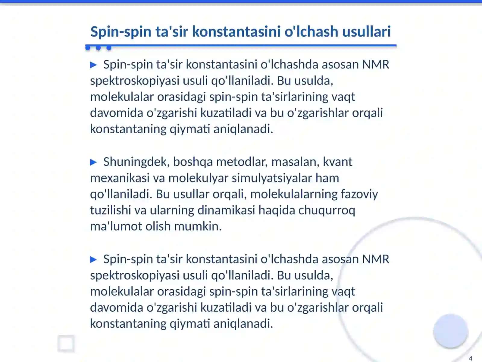 Spin-spin ta'sir konstantasi. Moddaning fazoviy tuzilishini aniqlash usullari 4