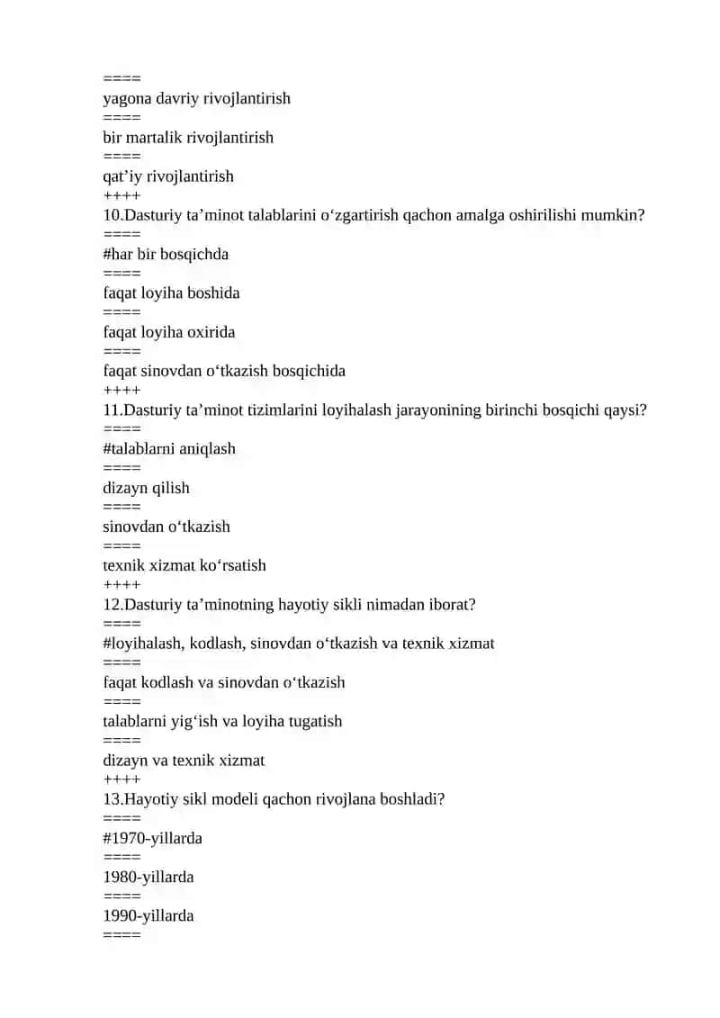 Dasturiy taʼminot tizimlarini loyihalash fanidan savollari 4