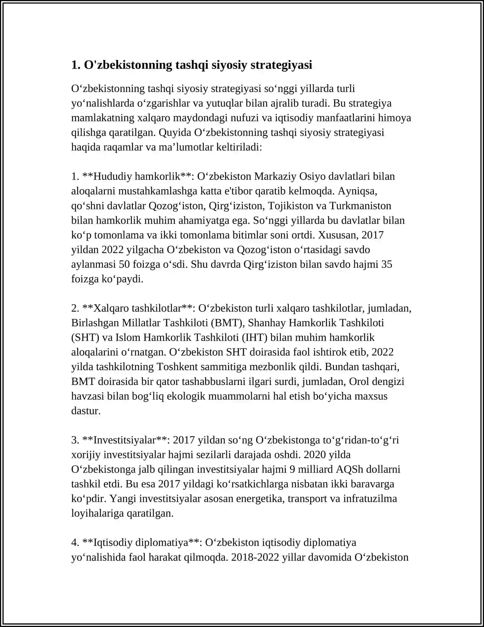 O'ZBEKISTONNING MARKAZIY OSIYODA TINCHLIK VA BARQARORLIKNI TA'MINLASHDAGI O'RNI 4