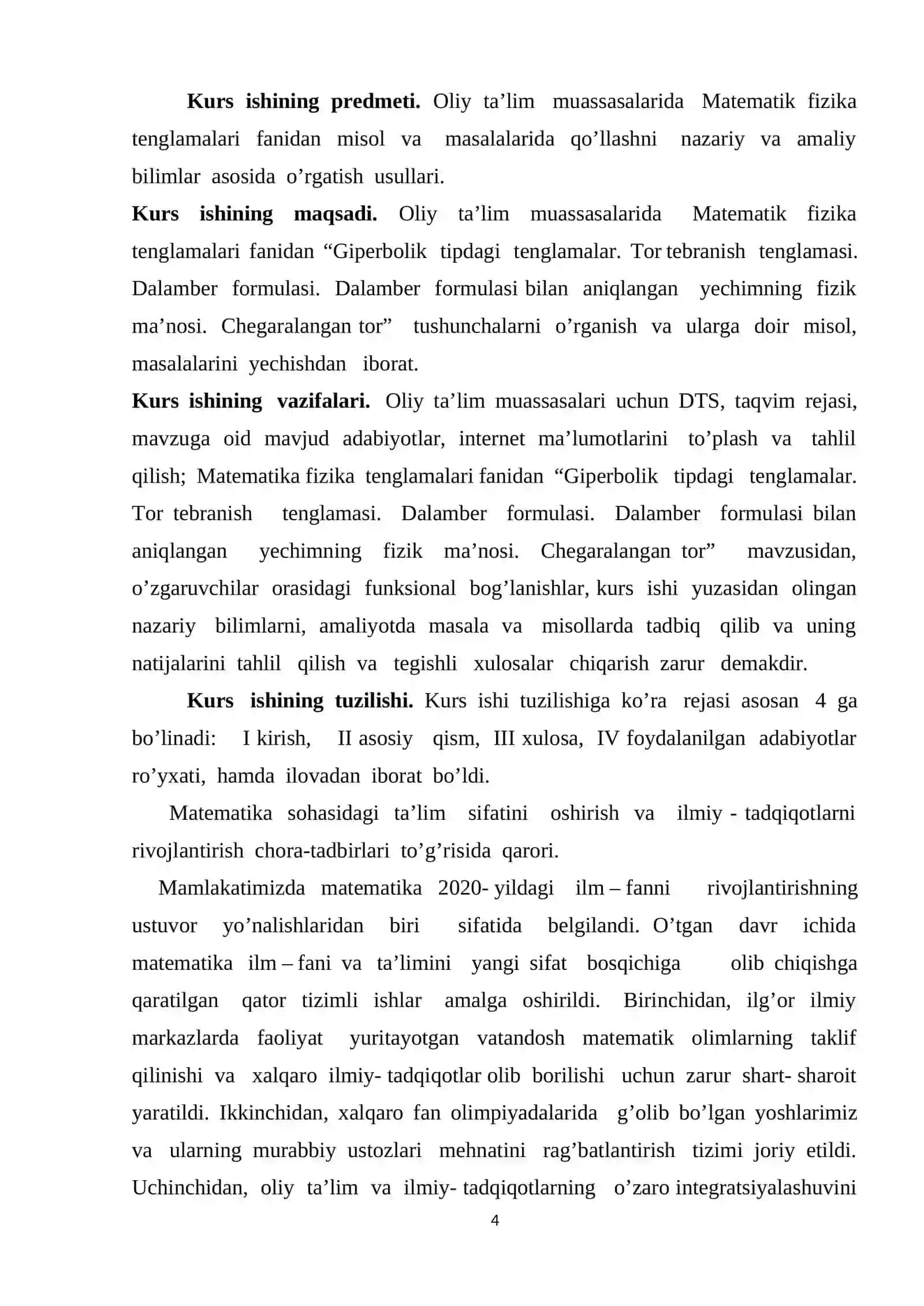 Giperbolik tipdagi tenglamalar. Tor tebranish tenglamasi. Dalamber formulasi 4