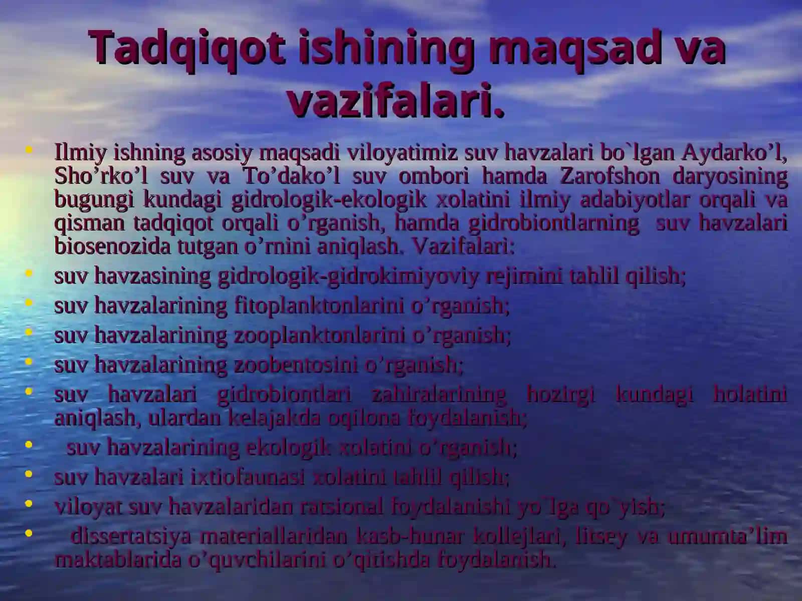 SHARIPOVA DILDORARAJABOVNANING“SUV RESURSLARINI MUHOFAZAQILISh VA ULARDAN SAMARALI FOYDALANISh (Navoiy viloyati misolida)”MAVZUSIDA BAJARGAN MAGISTRLIKDISSERTATSIYASI HIMOYASININGTAQDIMOTI 4