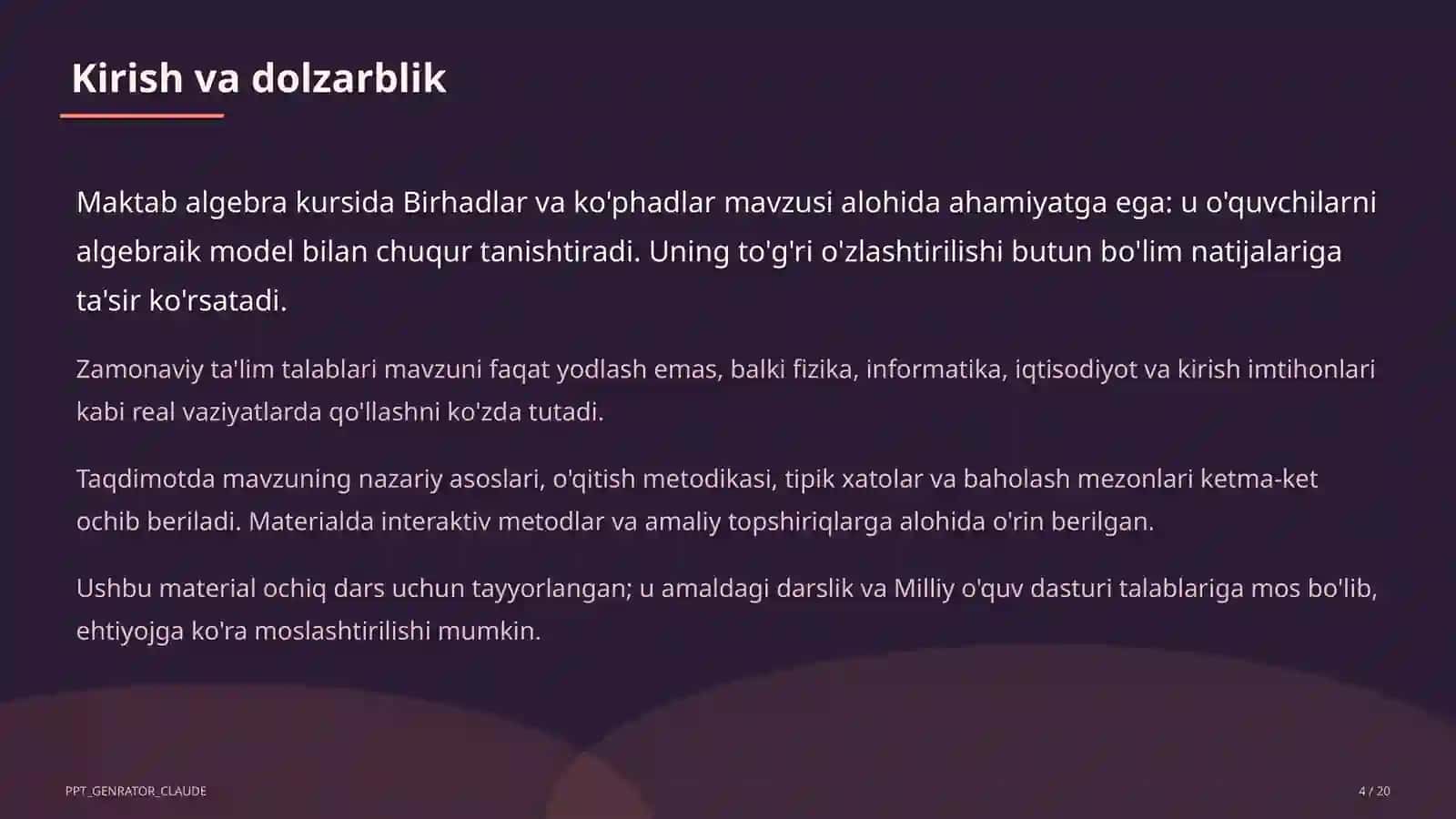 Algebra (7–11) — ochiq dars uchun 4
