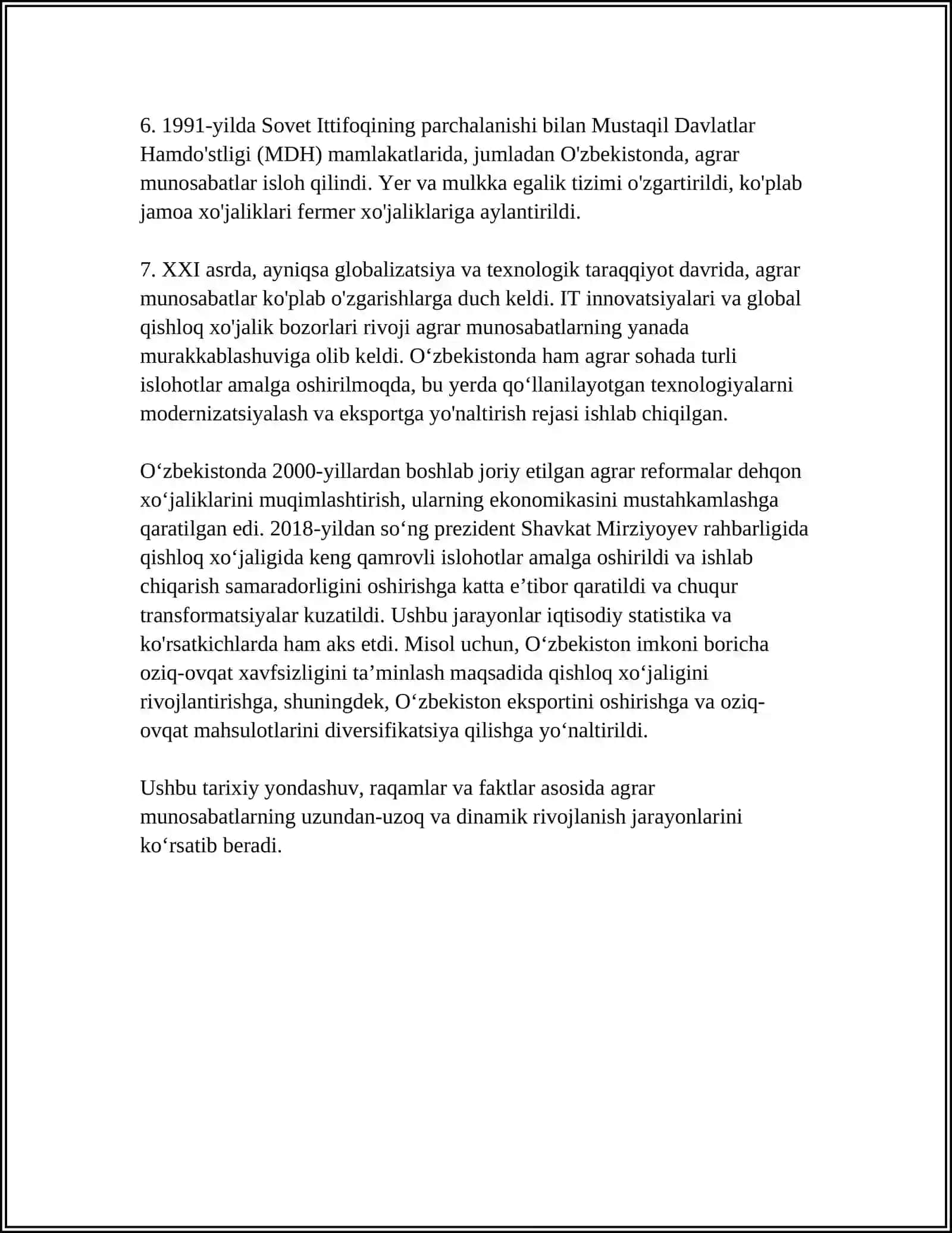 "AGRAR MUNOSABATLAR VA ULARNI BOZOR TIZIMIDAGI XUSUSIYATLARI" 4