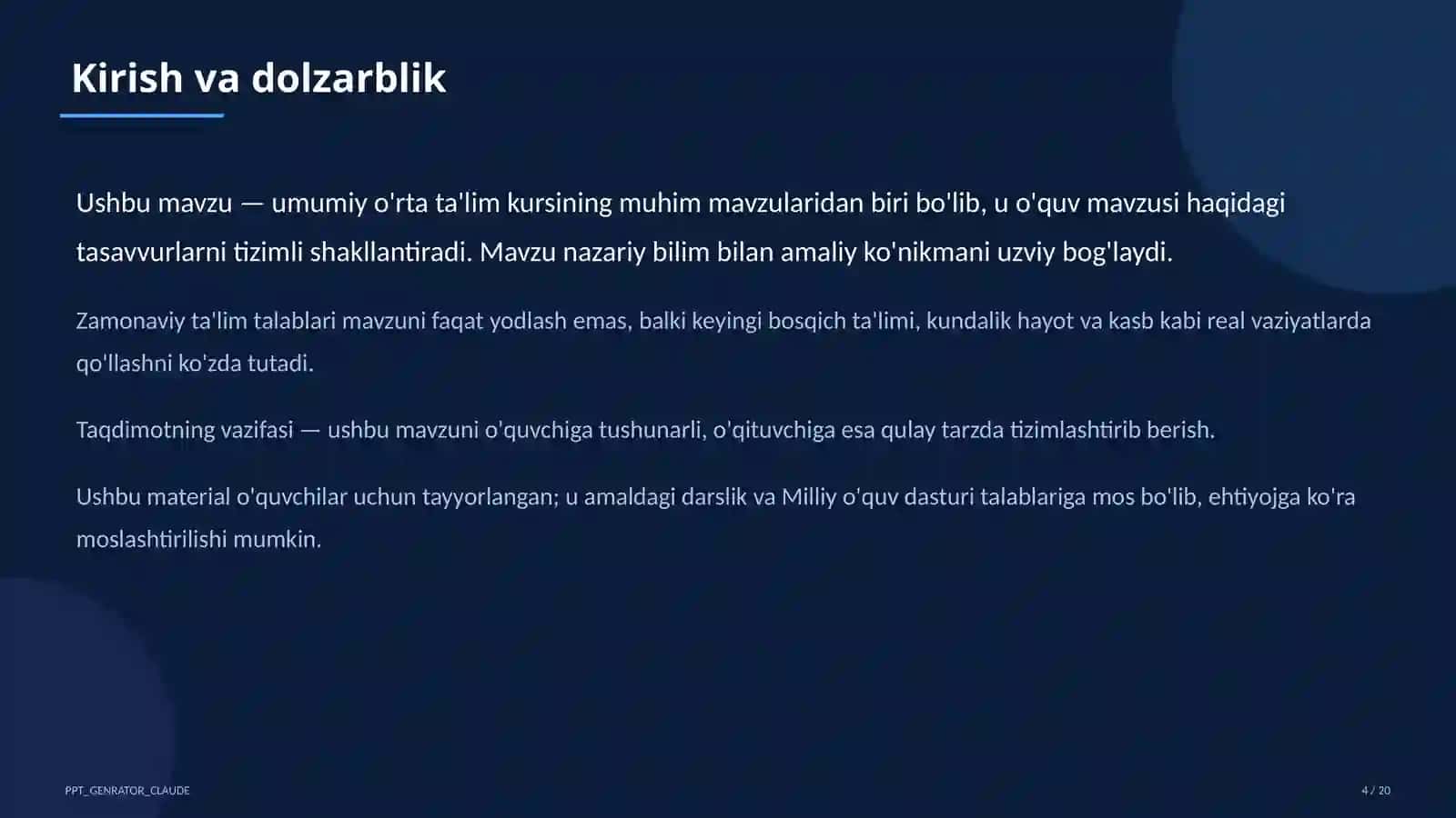 Dolzarb mavzular — maktab va o'qituvchilar (2026) — o'quvchilar uchun 4