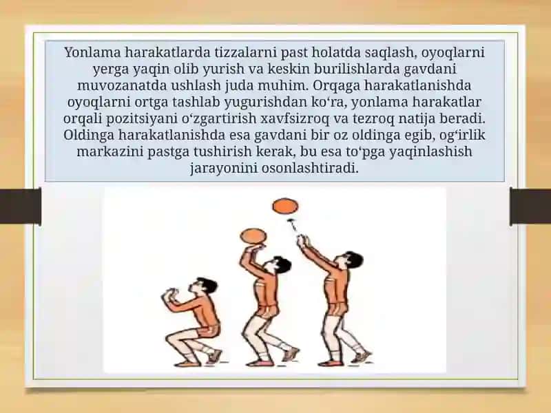 Voleybol maydonida holat va harakatlanish, yuqoridan va pastdan ikki qo'llab to'p uzatish va qabul qilish texnikasini takomillashtirish 4