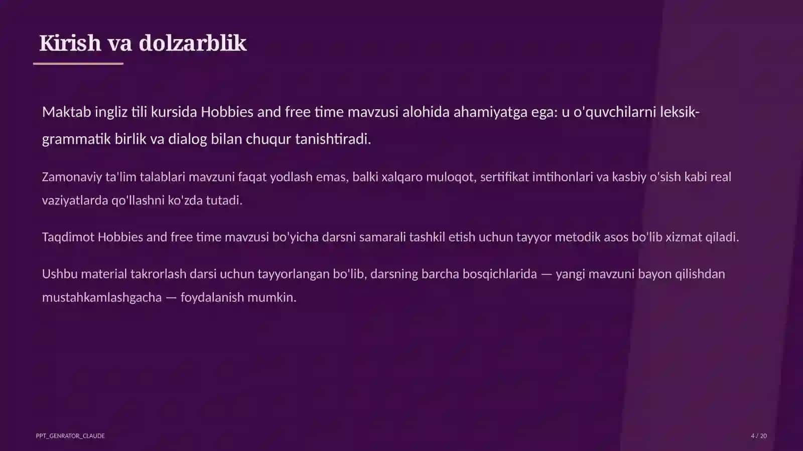 Hobbies and free time (5-sinf) Ingliz tili (1–11) — takrorlash darsi uchun 4