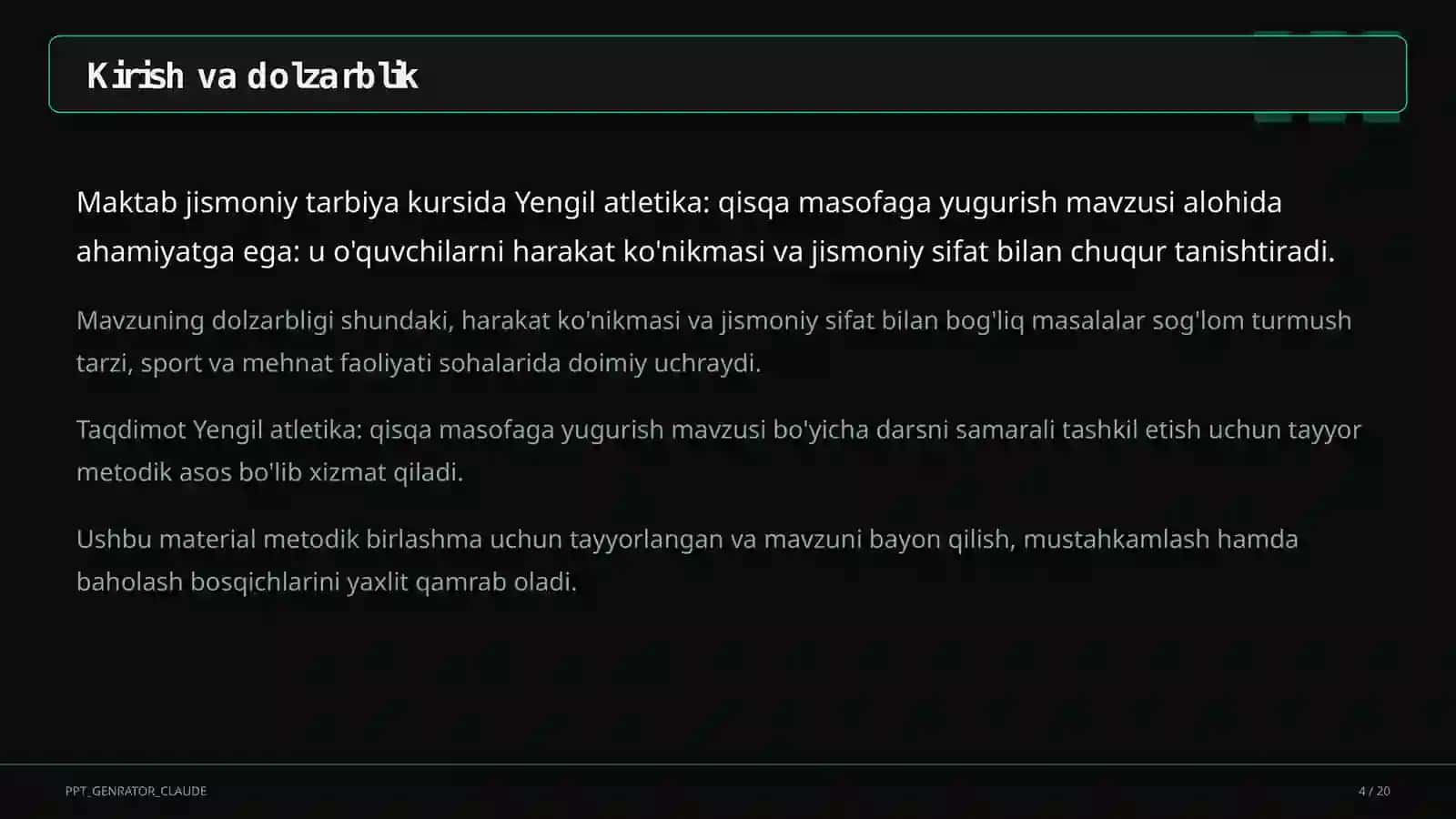 Yengil atletika: qisqa masofaga yugurish (4-sinf) 4