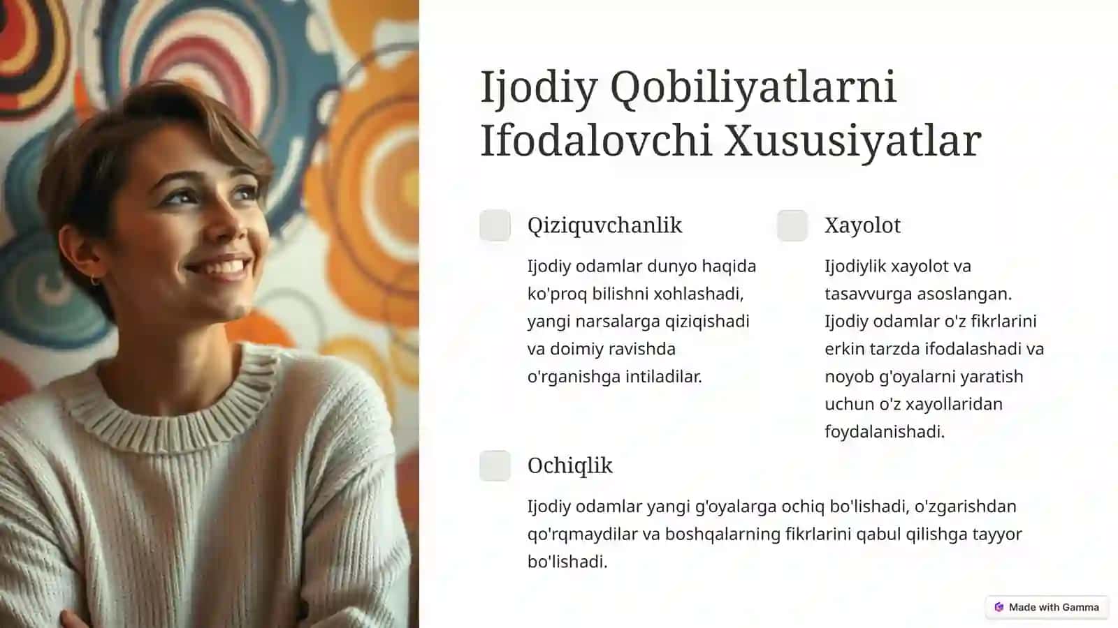 “IJOBIY QOBILIYATLAR PSIXOLOGIYASI” MAVZUSIDA TAYYORLAGAN TAQDIMOTI 4