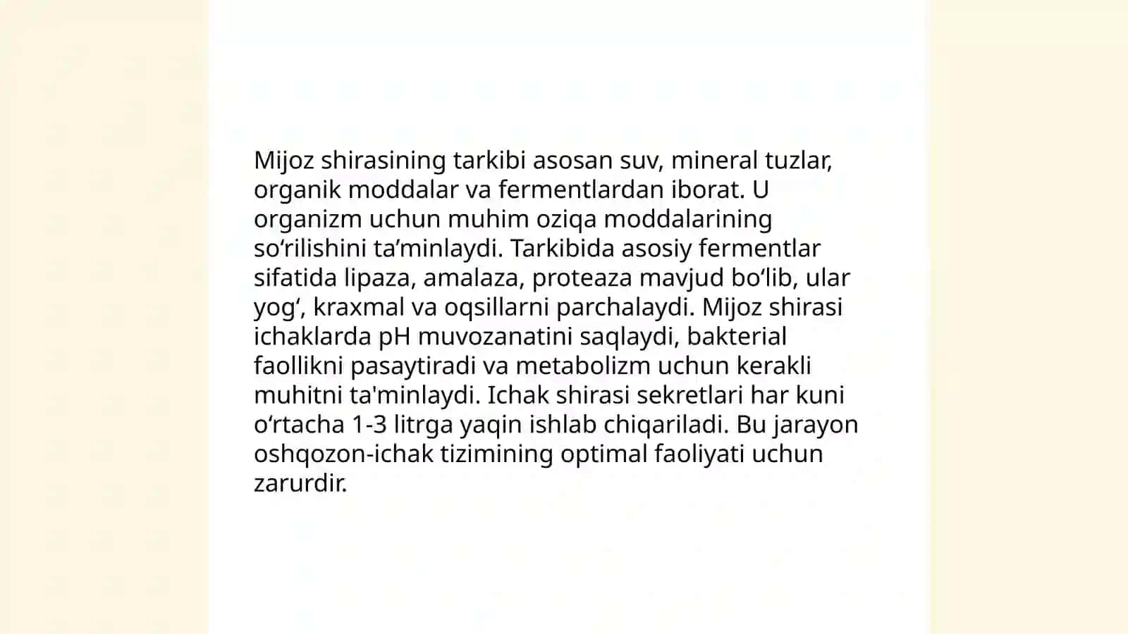 Ovqat hazm boʻlish jarayonlarida meda va ichak shirasidagi fermentlarning ishtirok etish jarayoni 4