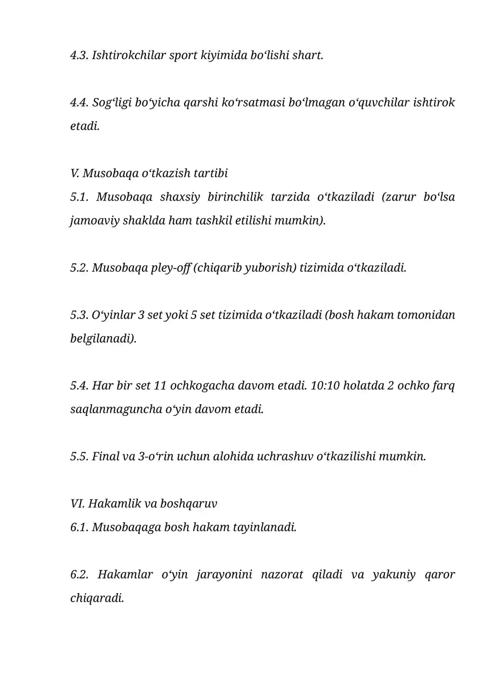 STOL TENNIS MUSOBAQASINI O‘TKAZISH NIZOMI 4