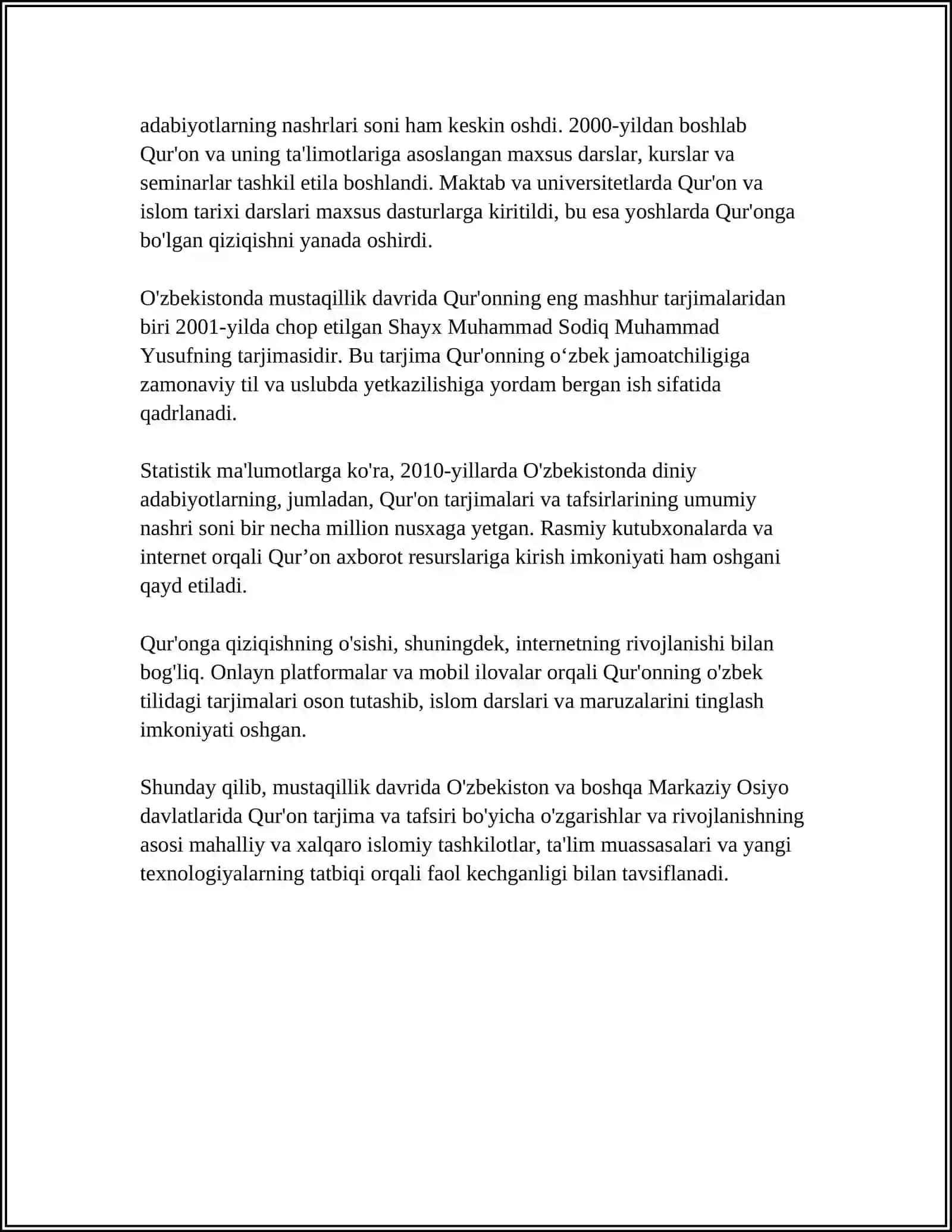 MUSTAQILLIK YILLARIDA QUR'ONNING O'ZBEK TILIGA TARJIM QILINISH VA TAFSIRLARI HAQIDA TAQDIMOT TAYYORLASH 4