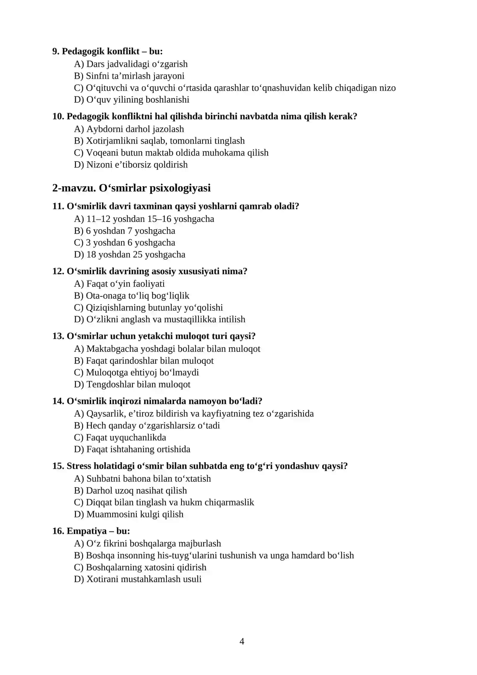 MAKTAB MASLAHATCHISI UCHUN TEST SAVOLLARI TO‘PLAMI 4